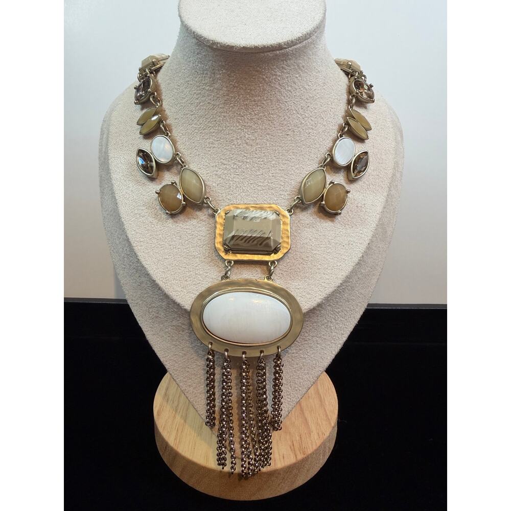 Neutral Stone‑Look Statement Necklace – Gold Tone | 15–16” Drop